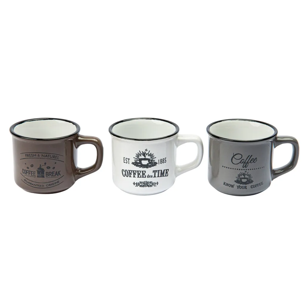 3er Set Trinkbecher Emaille-Look Kaffeetassen Vintage Kaffee Design 3 x 180 ml Weiß Grau Braun